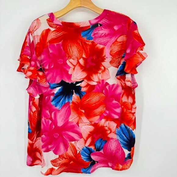 Tacera blouse Womens size  XL Red Pink floral Short Sleeve v neck flutter - Picture 7 of 9